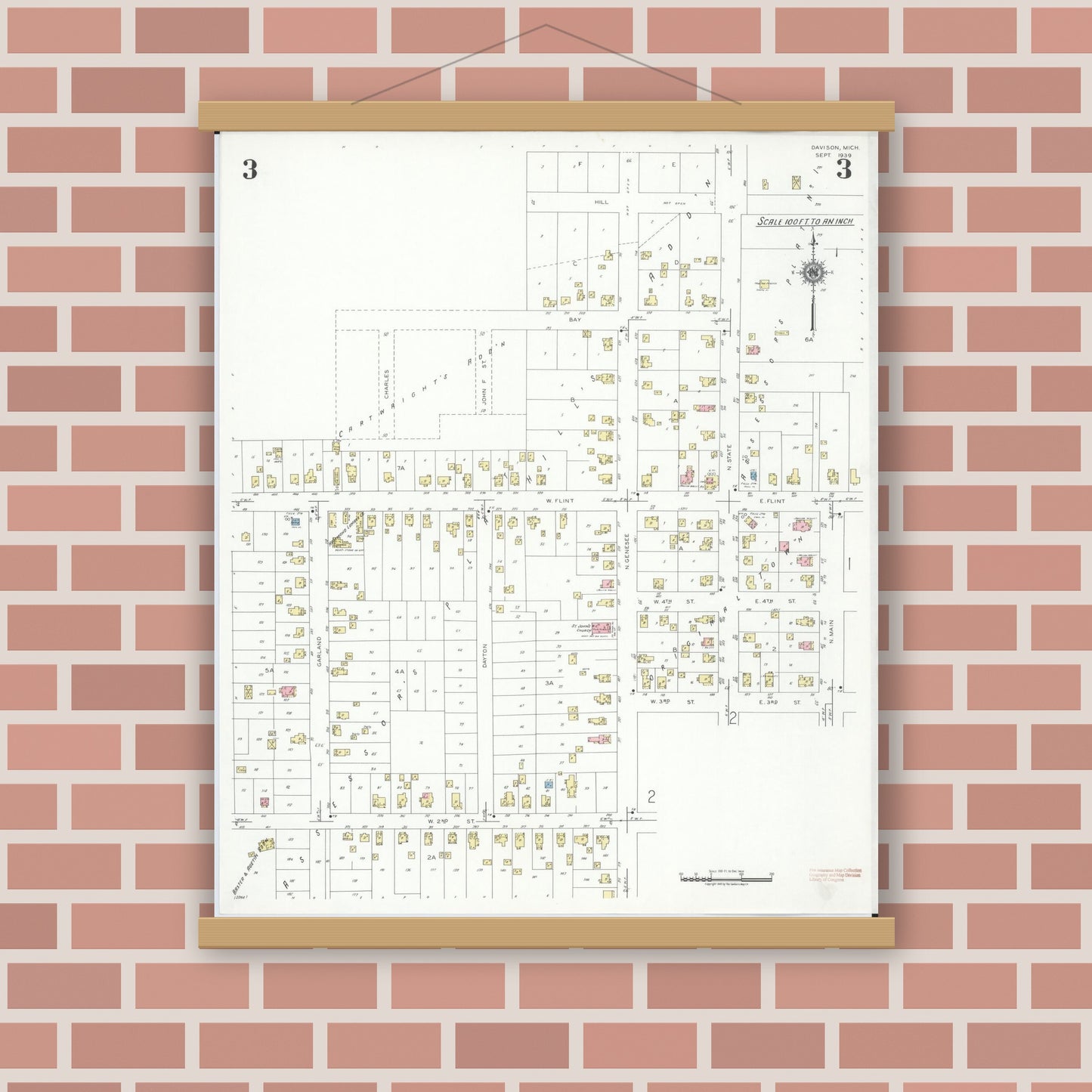 Old map wall art mockup — magnetic wood frame on brick wall — Sanborn Fire Insurance Map from Davison, Genesee County, Michigan (1939), Sheet #0003