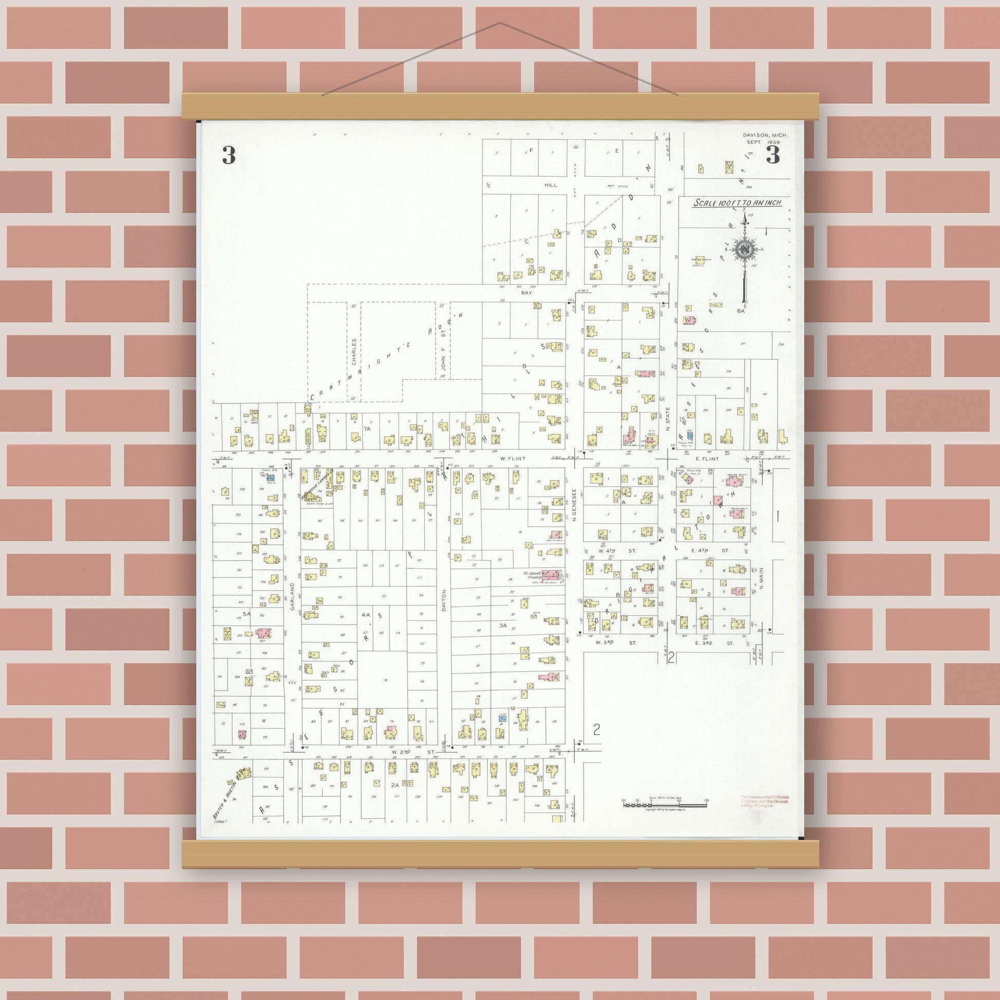 Old map wall art mockup — magnetic wood frame on brick wall — Sanborn Fire Insurance Map from Davison, Genesee County, Michigan (1939), Sheet #0003