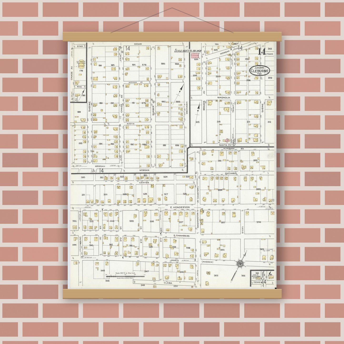 Old map wall art mockup — magnetic wood frame on brick wall — Sanborn Fire Insurance Map from Cleburne, Johnson County, Texas (1918), Sheet #0014
