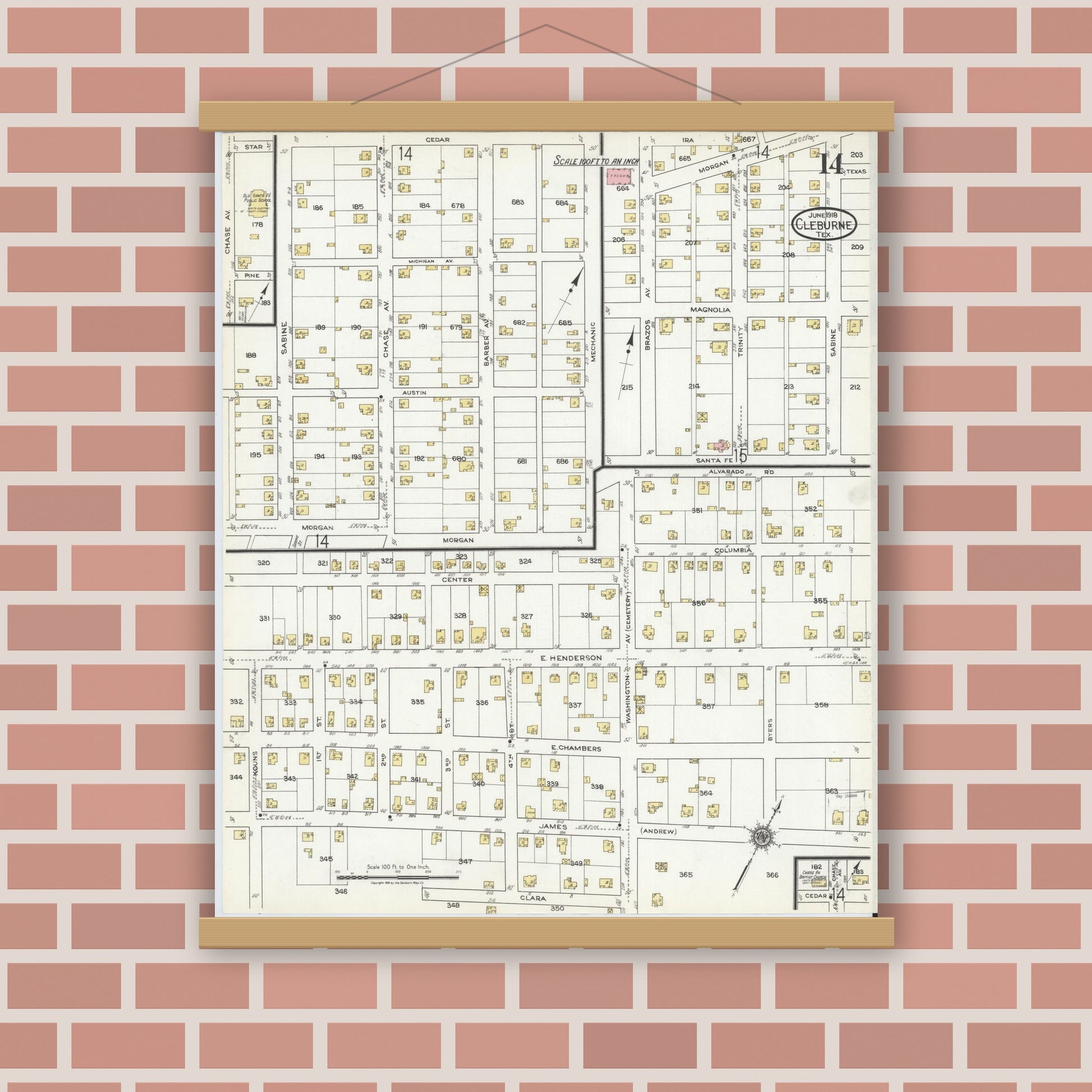 Old map wall art mockup — magnetic wood frame on brick wall — Sanborn Fire Insurance Map from Cleburne, Johnson County, Texas (1918), Sheet #0014