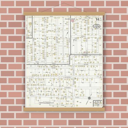 Old map wall art mockup — magnetic wood frame on brick wall — Sanborn Fire Insurance Map from Cleburne, Johnson County, Texas (1918), Sheet #0014