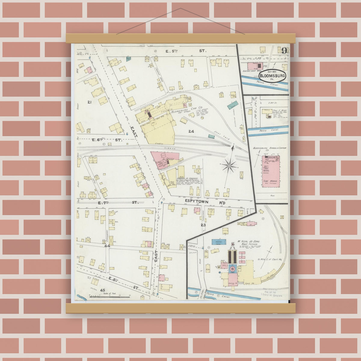 Old map wall art mockup — magnetic wood frame on brick wall — Sanborn Fire Insurance Map from Bloomsburg, Columbia County, Pennsylvania (1891), Sheet #0009