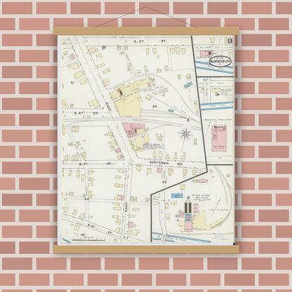 Old map wall art mockup — magnetic wood frame on brick wall — Sanborn Fire Insurance Map from Bloomsburg, Columbia County, Pennsylvania (1891), Sheet #0009