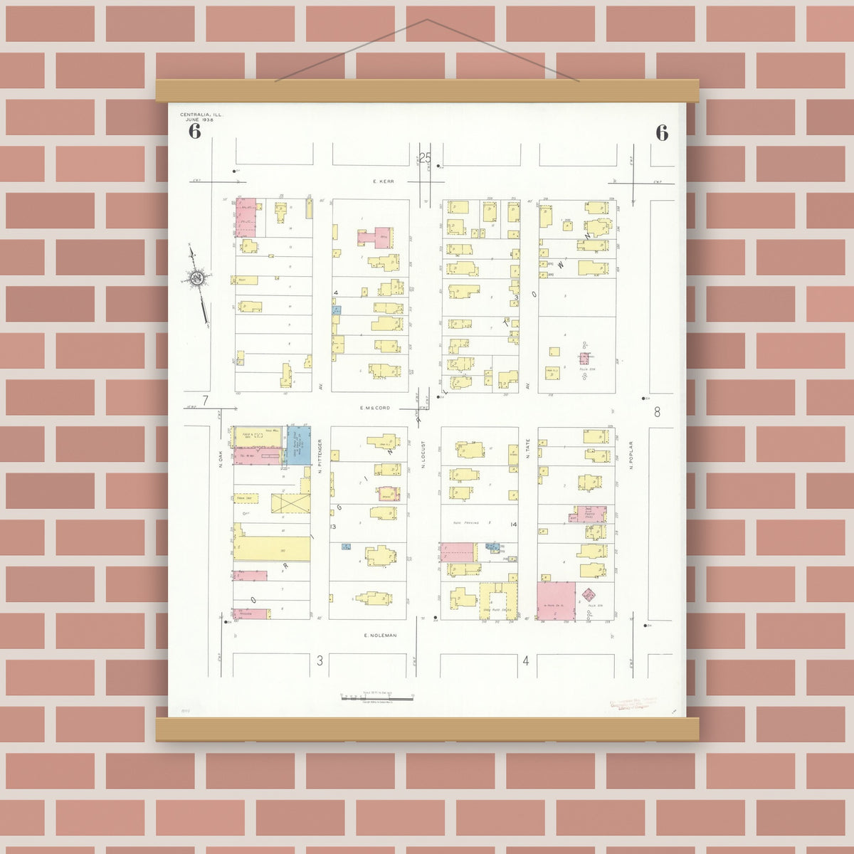 Old map wall art mockup — magnetic wood frame on brick wall — Sanborn Fire Insurance Map from Centralia, Marion, Clinton, Jefferson, and Washington Counties, Illinois (1938), Sheet #0006