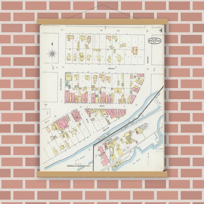 Old map wall art mockup — magnetic wood frame on brick wall — Sanborn Fire Insurance Map from Menasha, Winnebago County, Wisconsin (1895), Sheet #0004