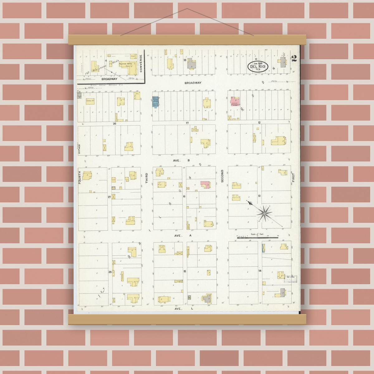 Old map wall art mockup — magnetic wood frame on brick wall — Sanborn Fire Insurance Map from Del Rio, Val Verde County, Texas (1909), Sheet #0002