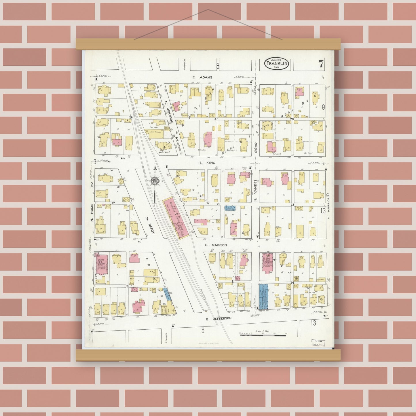 Old map wall art mockup — magnetic wood frame on brick wall — Sanborn Fire Insurance Map from Franklin, Johnson County, Indiana (1916), Sheet #0007