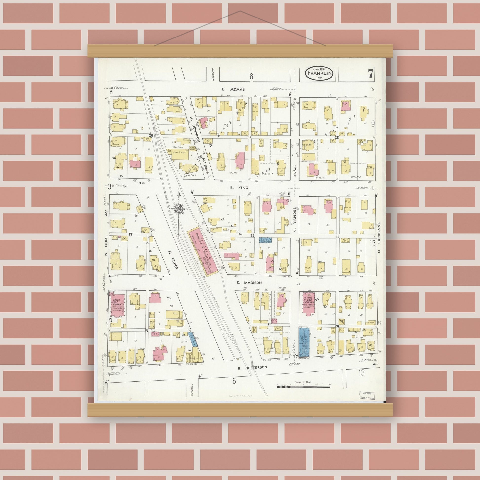 Old map wall art mockup — magnetic wood frame on brick wall — Sanborn Fire Insurance Map from Franklin, Johnson County, Indiana (1916), Sheet #0007