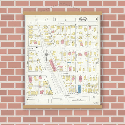 Old map wall art mockup — magnetic wood frame on brick wall — Sanborn Fire Insurance Map from Franklin, Johnson County, Indiana (1916), Sheet #0007