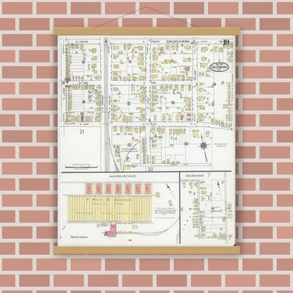 Old map wall art mockup — magnetic wood frame on brick wall — Sanborn Fire Insurance Map from Goldsboro, Wayne County, North Carolina (1918), Sheet #0019