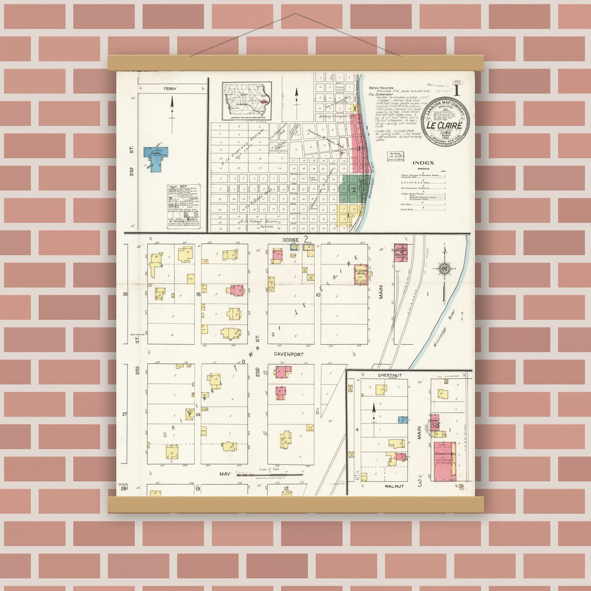 Old map wall art mockup — magnetic wood frame on brick wall — Sanborn Fire Insurance Map from Le Claire, Scott County, Iowa (1922) â€” Complete Set