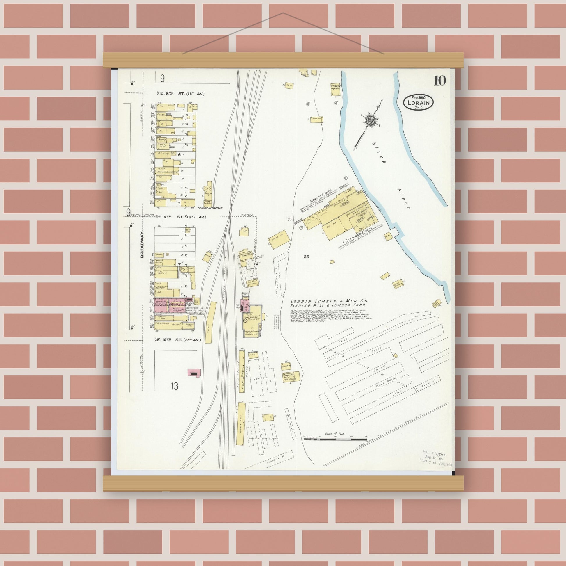 Old map wall art mockup — magnetic wood frame on brick wall — Sanborn Fire Insurance Map from Lorain, Lorain County, Ohio (1910), Sheet #0010