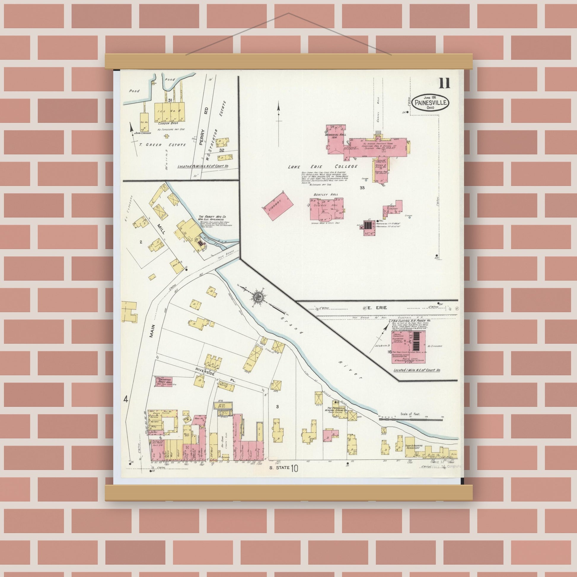 Old map wall art mockup — magnetic wood frame on brick wall — Sanborn Fire Insurance Map from Painesville, Lake County, Ohio (1911), Sheet #0011