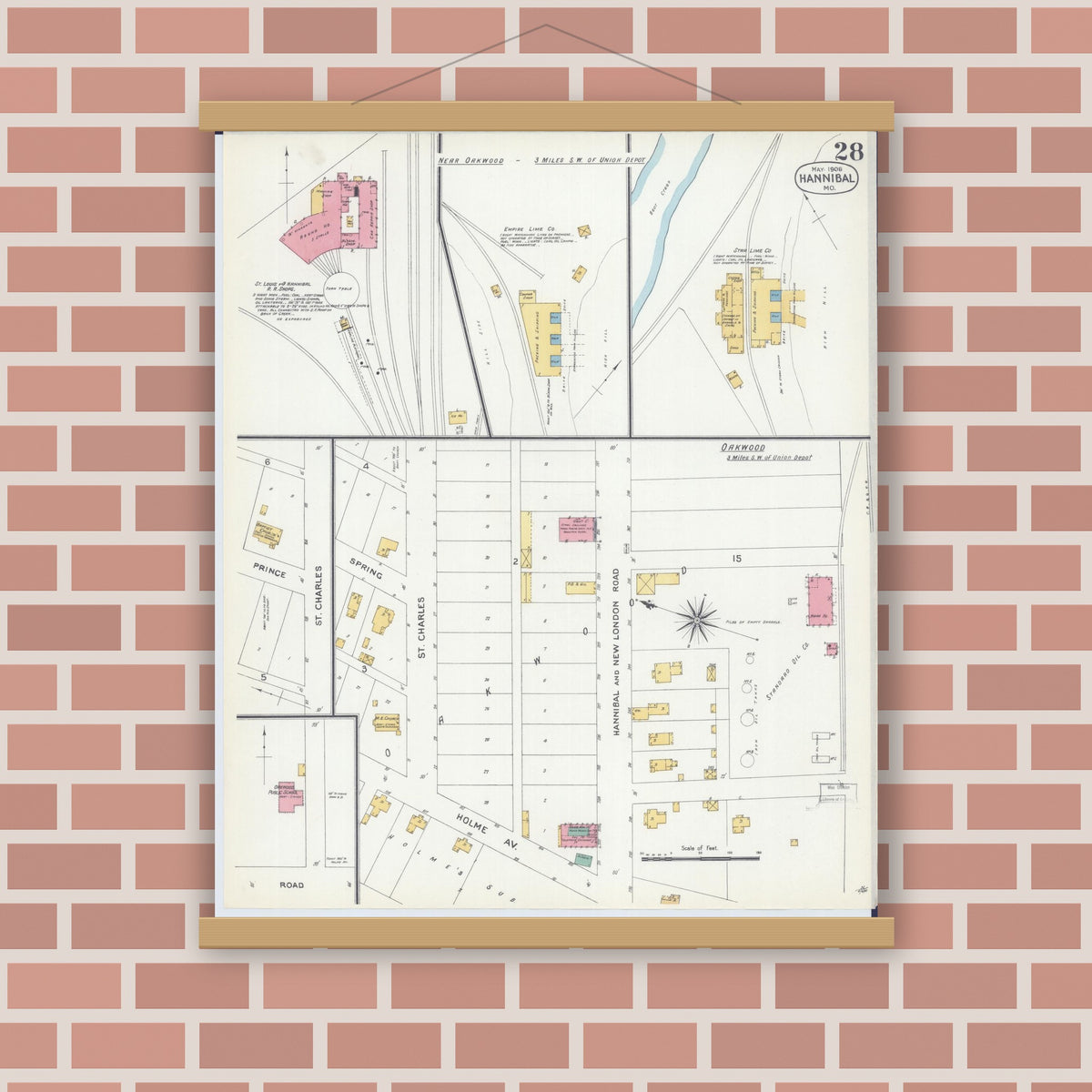 Old map wall art mockup — magnetic wood frame on brick wall — Sanborn Fire Insurance Map from Hannibal, Marion County, Missouri (1906), Sheet #0028