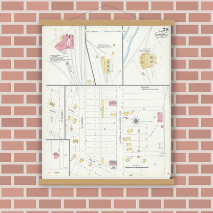 Old map wall art mockup — magnetic wood frame on brick wall — Sanborn Fire Insurance Map from Hannibal, Marion County, Missouri (1906), Sheet #0028