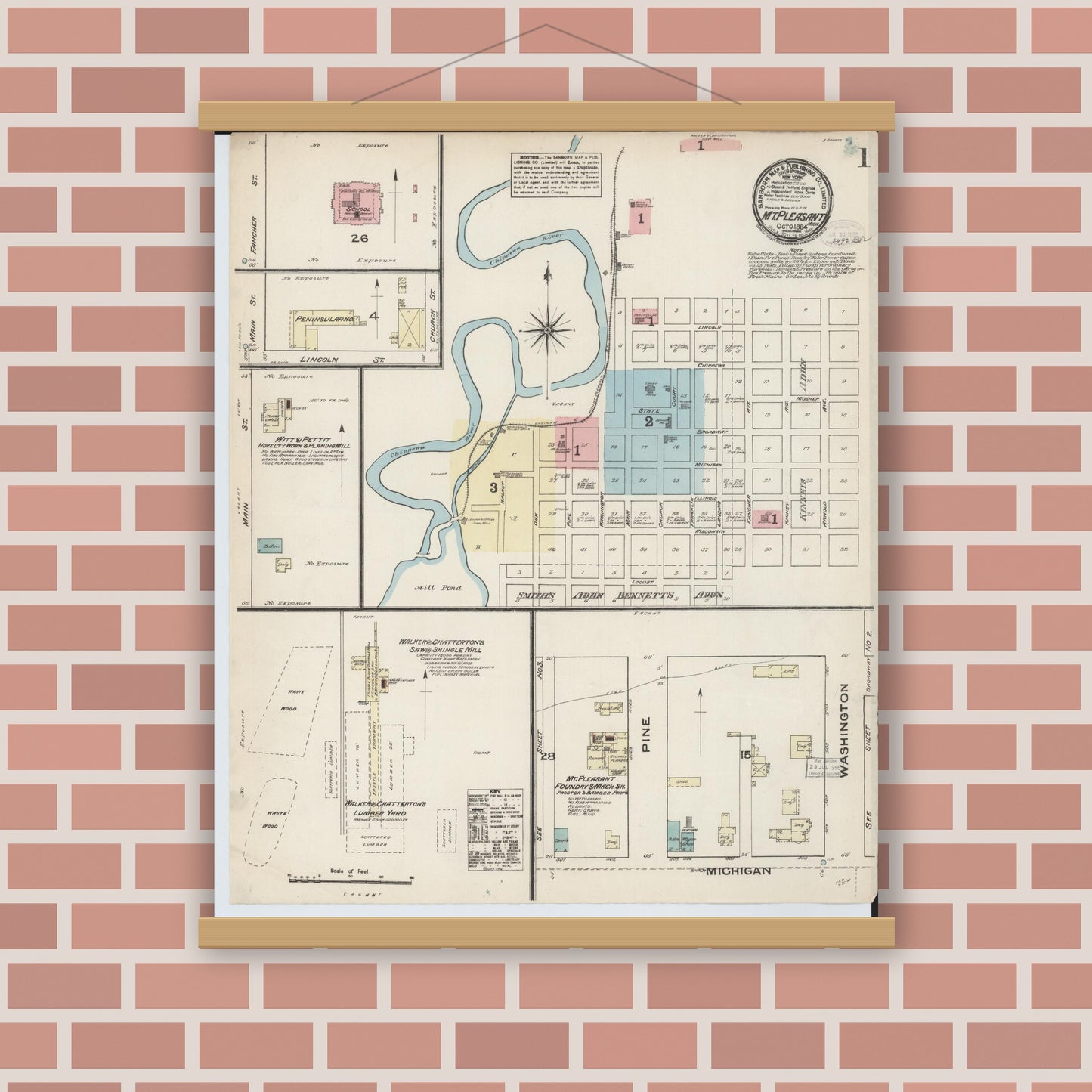 Old map wall art mockup — magnetic wood frame on brick wall — Sanborn Fire Insurance Map from Mount Pleasant, Isabella County, Michigan (1884) - Complete Map Set