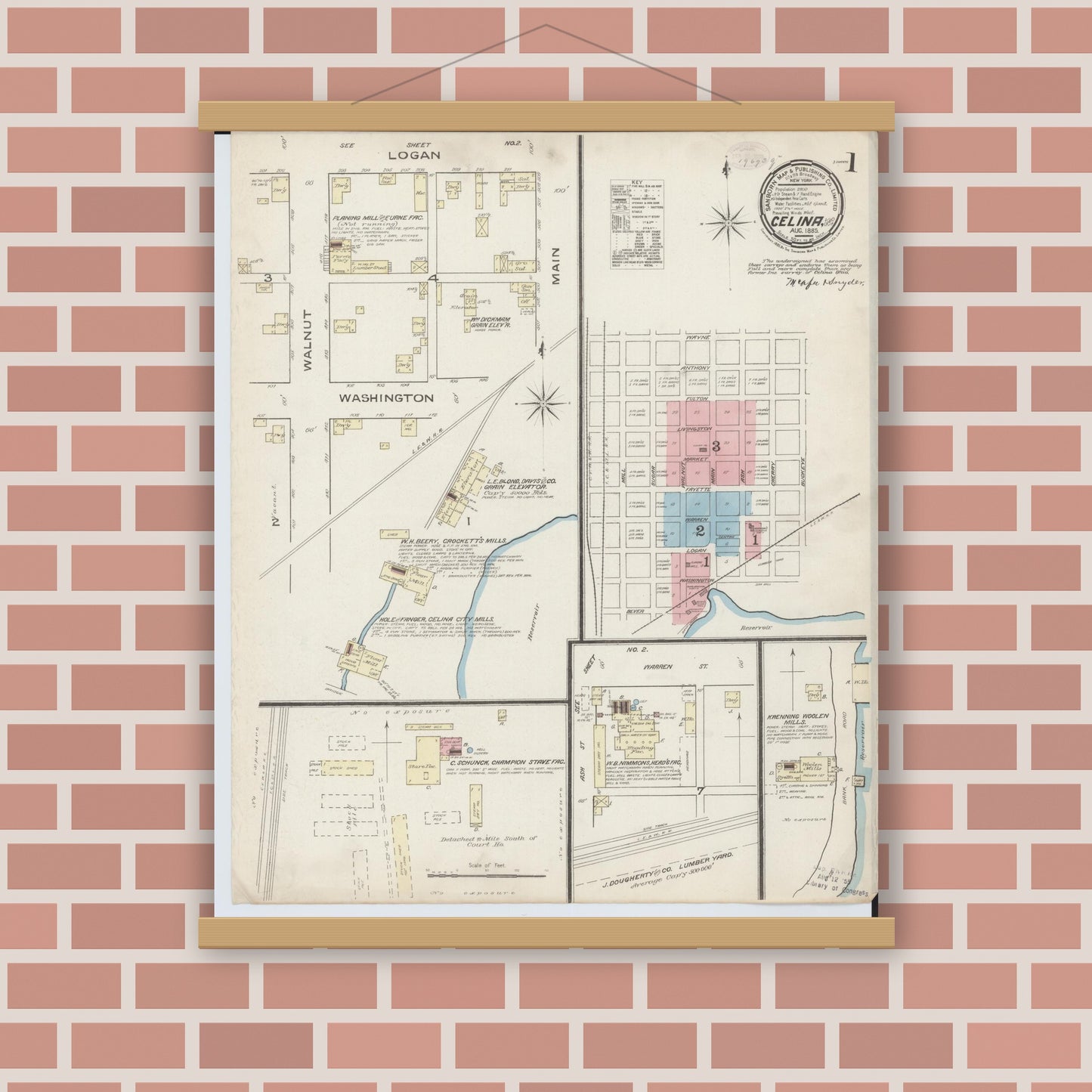 Old map wall art mockup — magnetic wood frame on brick wall — Sanborn Fire Insurance Map from Celina, Mercer County, Ohio (1885) - Complete Map Set