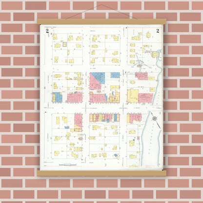 Old map wall art mockup — magnetic wood frame on brick wall — Sanborn Fire Insurance Map from Chesaning, Saginaw County, Michigan (1935), Sheet #0002