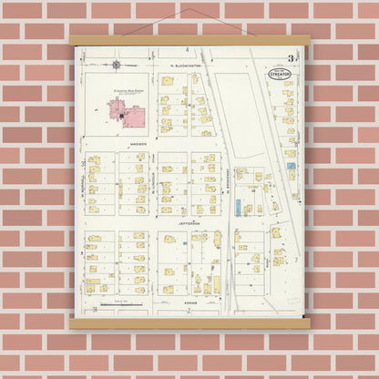 Old map wall art mockup — magnetic wood frame on brick wall — Sanborn Fire Insurance Map from Streator, La Salle County, Illinois (1916), Sheet #0003
