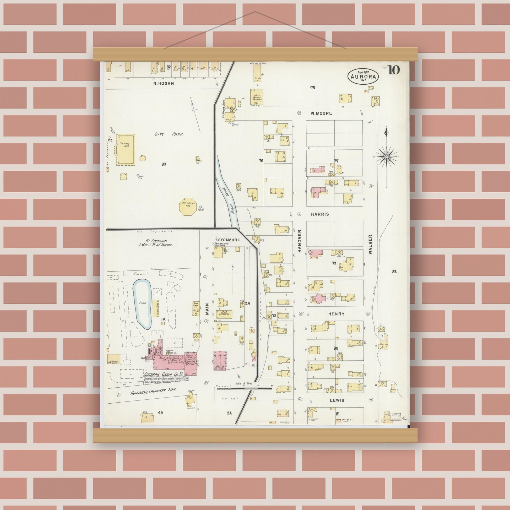 Old map wall art mockup — magnetic wood frame on brick wall — Sanborn Fire Insurance Map from Aurora, Dearborn County, Indiana (1897), Sheet #0010