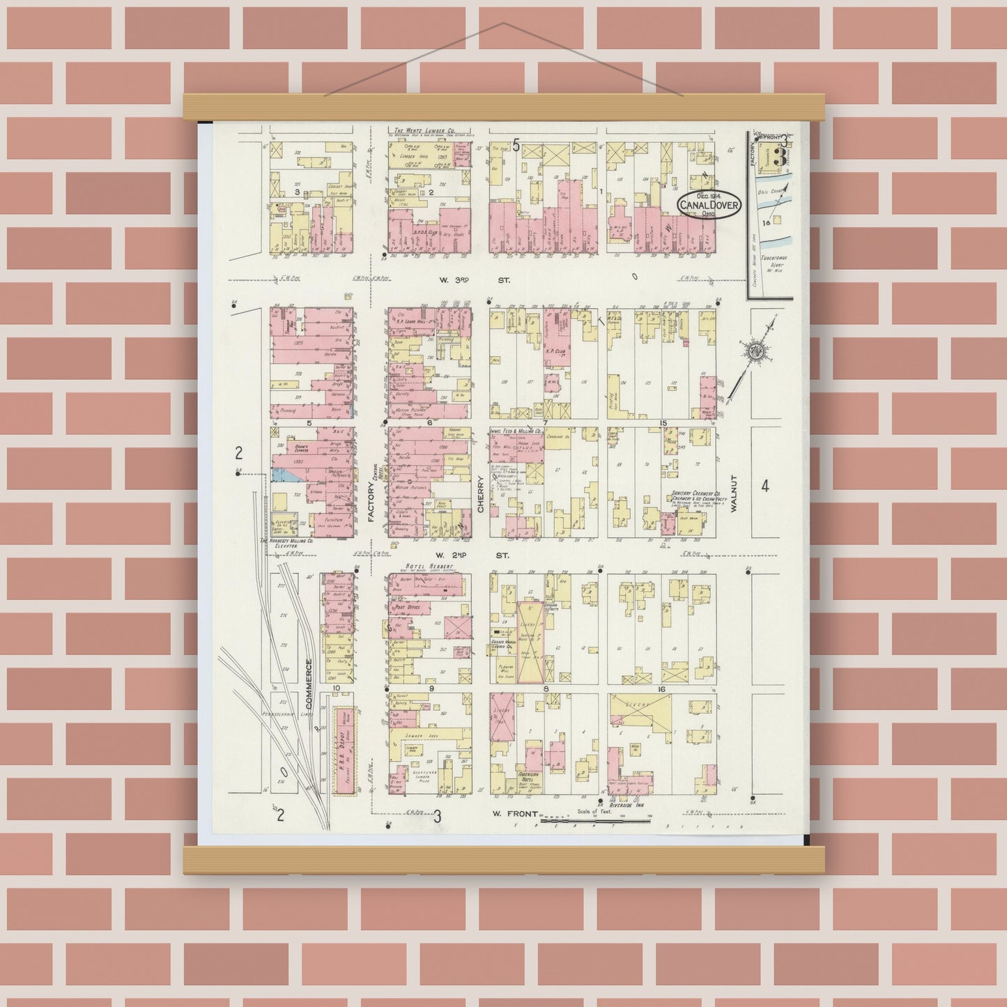 Old map wall art mockup — magnetic wood frame on brick wall — Sanborn Fire Insurance Map from Canal Dover, Tuscarawas County, Ohio (1914), Sheet #0003