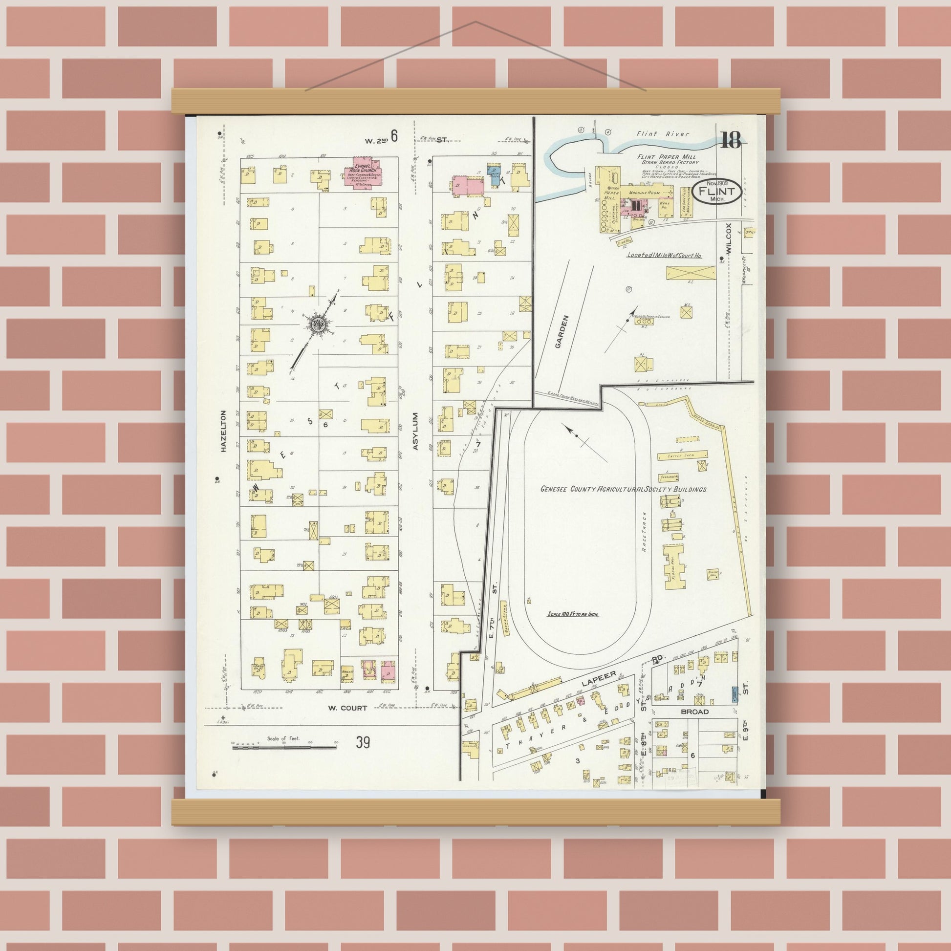 Old map wall art mockup — magnetic wood frame on brick wall — Sanborn Fire Insurance Map from Flint, Genesee County, Michigan (1909), Sheet #0018