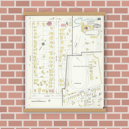 Old map wall art mockup — magnetic wood frame on brick wall — Sanborn Fire Insurance Map from Flint, Genesee County, Michigan (1909), Sheet #0018