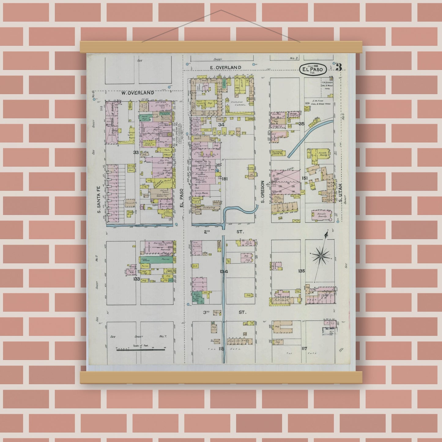 Old map wall art mockup — magnetic wood frame on brick wall — Sanborn Fire Insurance Map from El Paso, El Paso County, Texas (1888), Sheet #0003