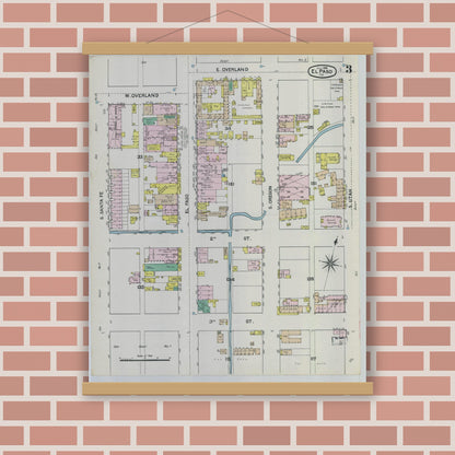 Old map wall art mockup — magnetic wood frame on brick wall — Sanborn Fire Insurance Map from El Paso, El Paso County, Texas (1888), Sheet #0003