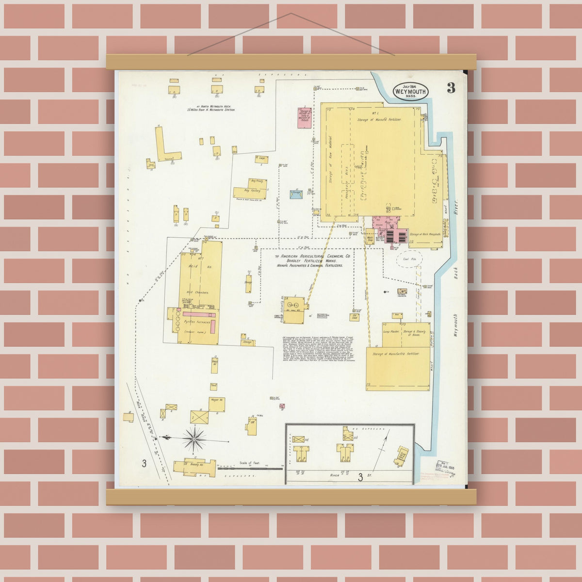 Old map wall art mockup — magnetic wood frame on brick wall — Sanborn Fire Insurance Map from Weymouth, Norfolk County, Massachusetts (1904), Sheet #0003