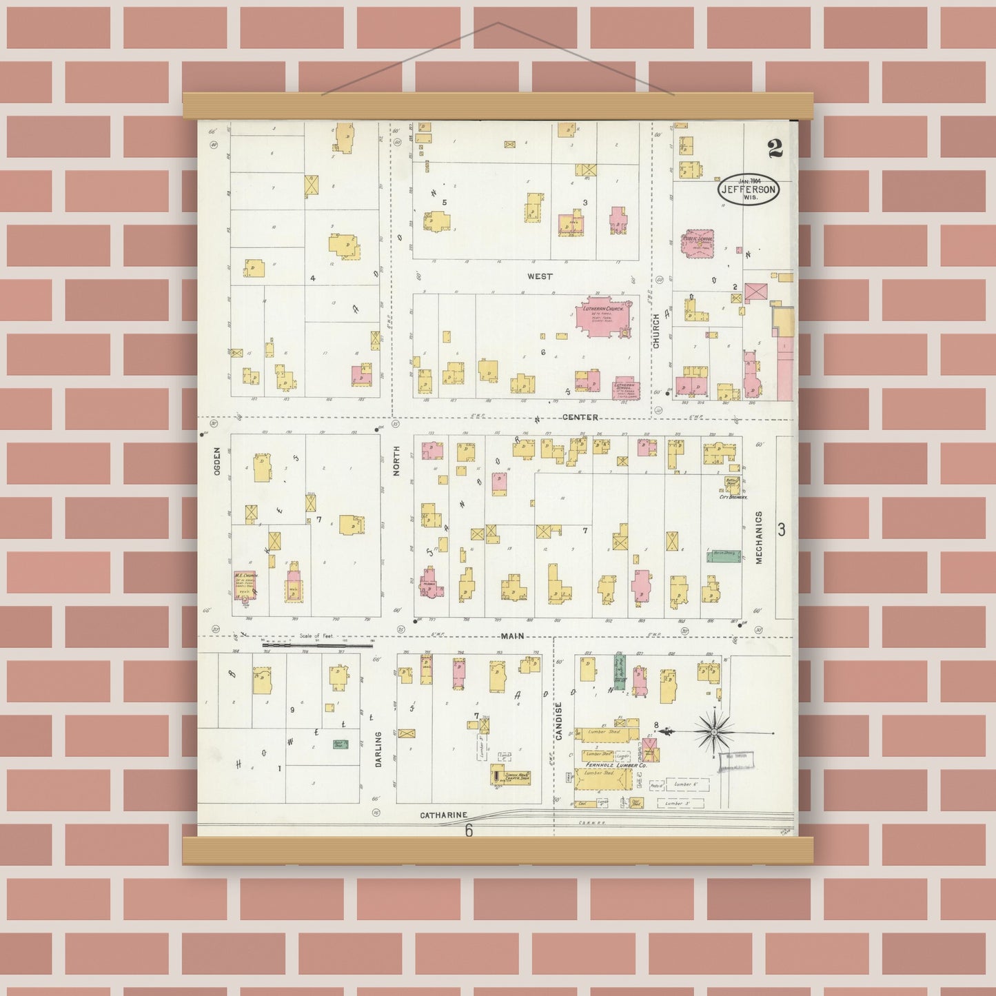 Old map wall art mockup — magnetic wood frame on brick wall — Sanborn Fire Insurance Map from Jefferson, Jefferson County, Wisconsin (1904), Sheet #0002