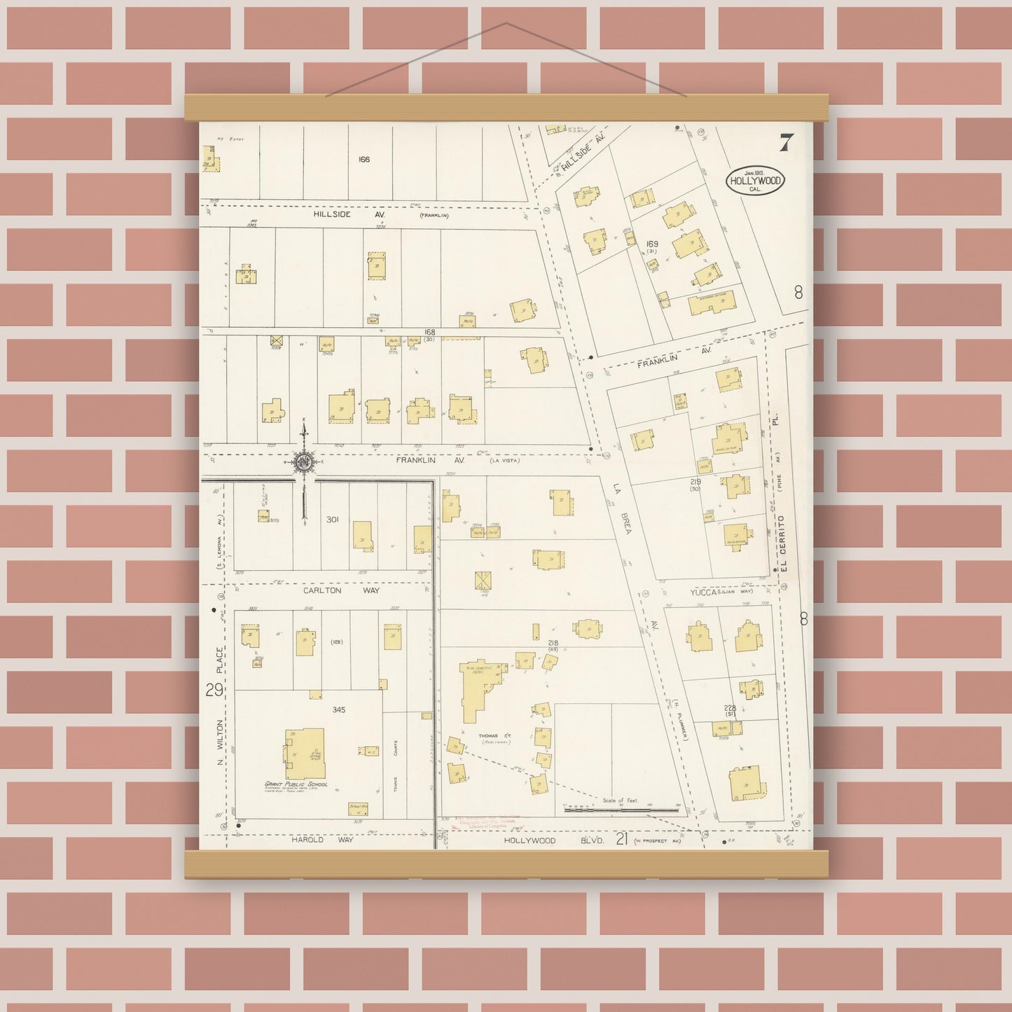 Old map wall art mockup — magnetic wood frame on brick wall — Sanborn Fire Insurance Map from Hollywood, Los Angeles County, California (1913), Sheet #0007