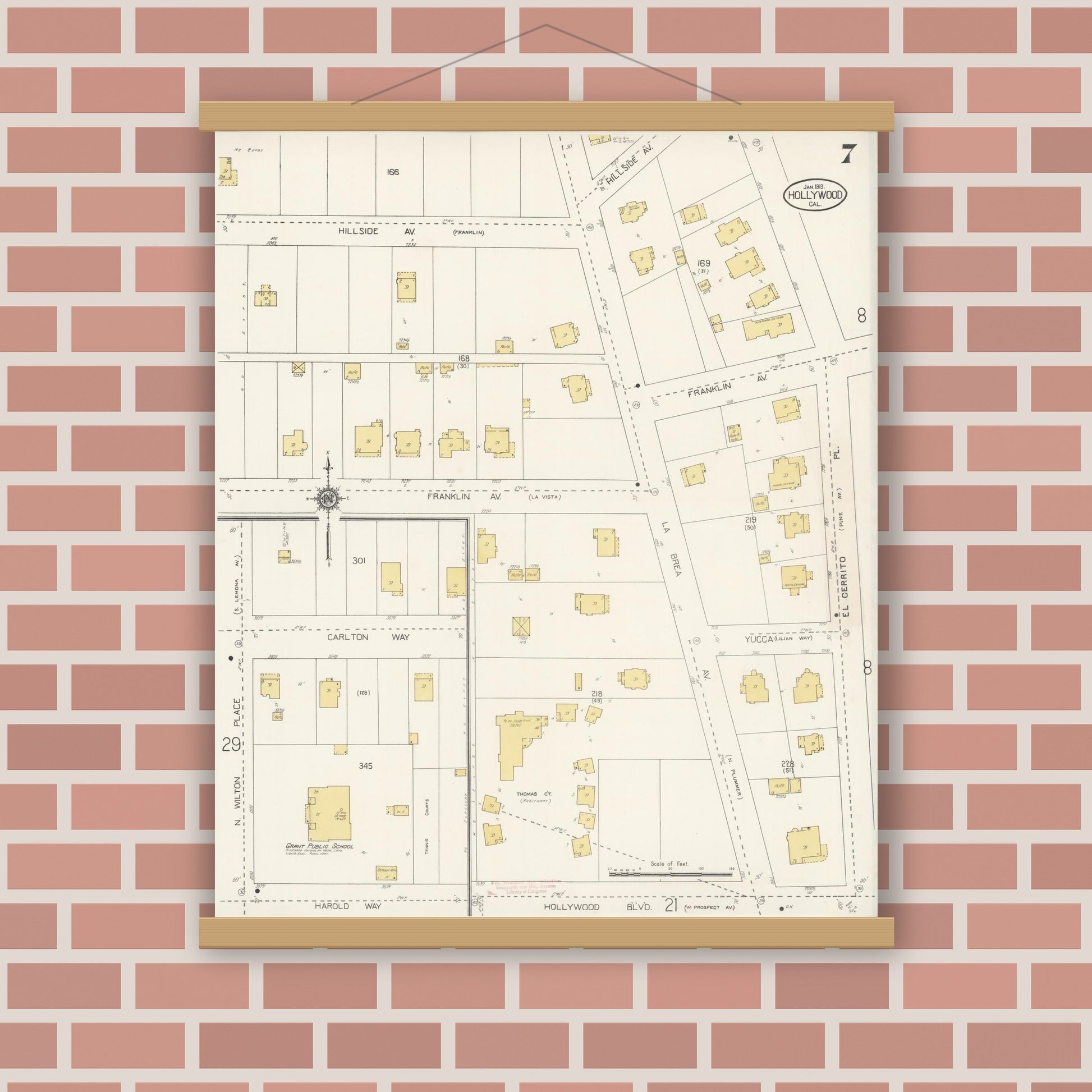 Old map wall art mockup — magnetic wood frame on brick wall — Sanborn Fire Insurance Map from Hollywood, Los Angeles County, California (1913), Sheet #0007
