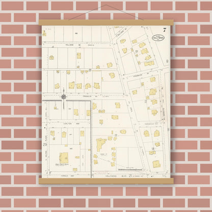 Old map wall art mockup — magnetic wood frame on brick wall — Sanborn Fire Insurance Map from Hollywood, Los Angeles County, California (1913), Sheet #0007