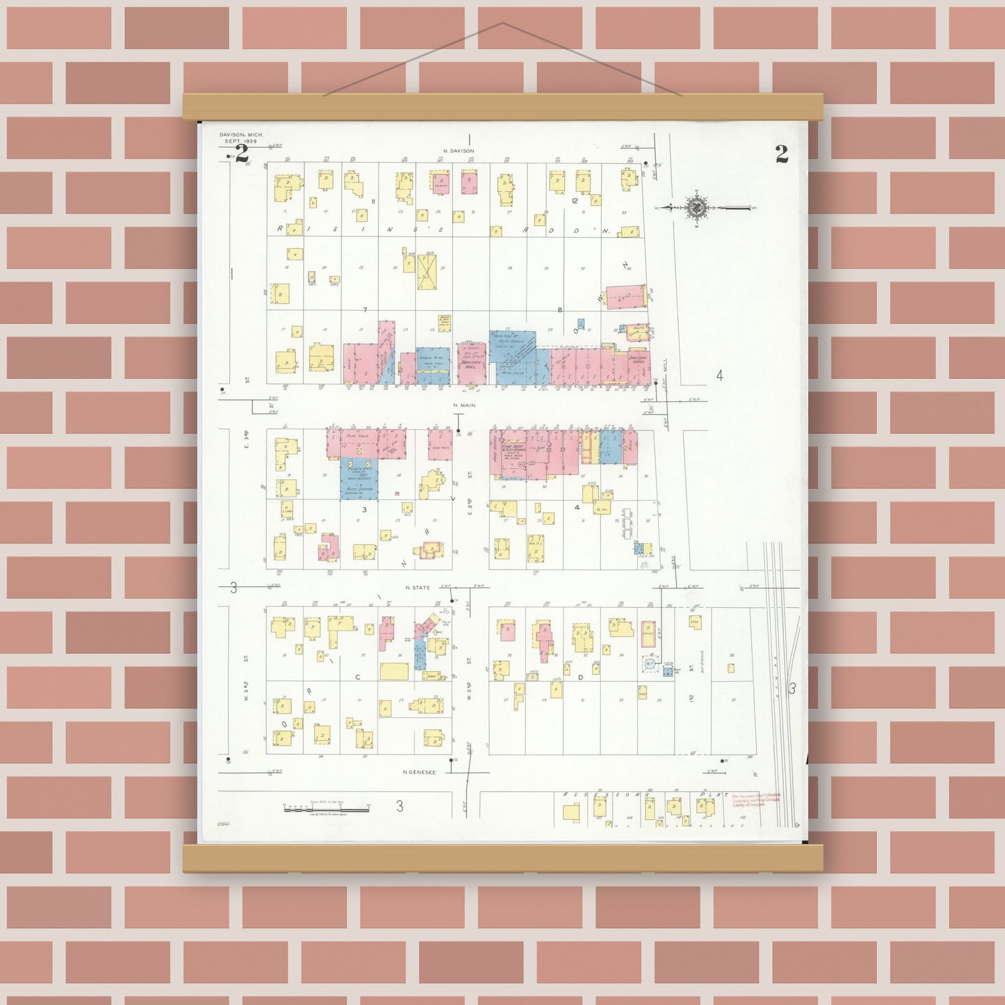 Old map wall art mockup — magnetic wood frame on brick wall — Sanborn Fire Insurance Map from Davison, Genesee County, Michigan (1939), Sheet #0002