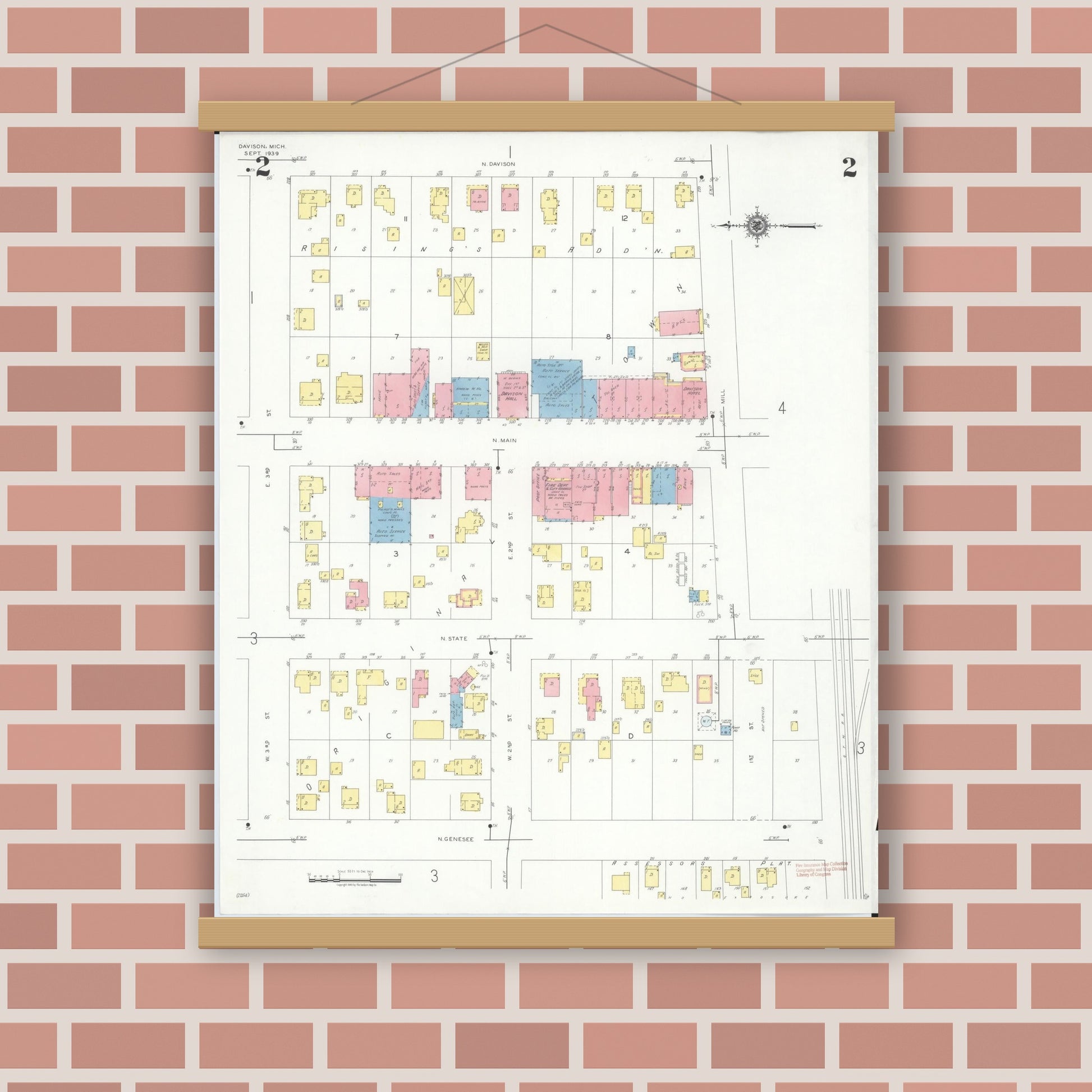 Old map wall art mockup — magnetic wood frame on brick wall — Sanborn Fire Insurance Map from Davison, Genesee County, Michigan (1939), Sheet #0002