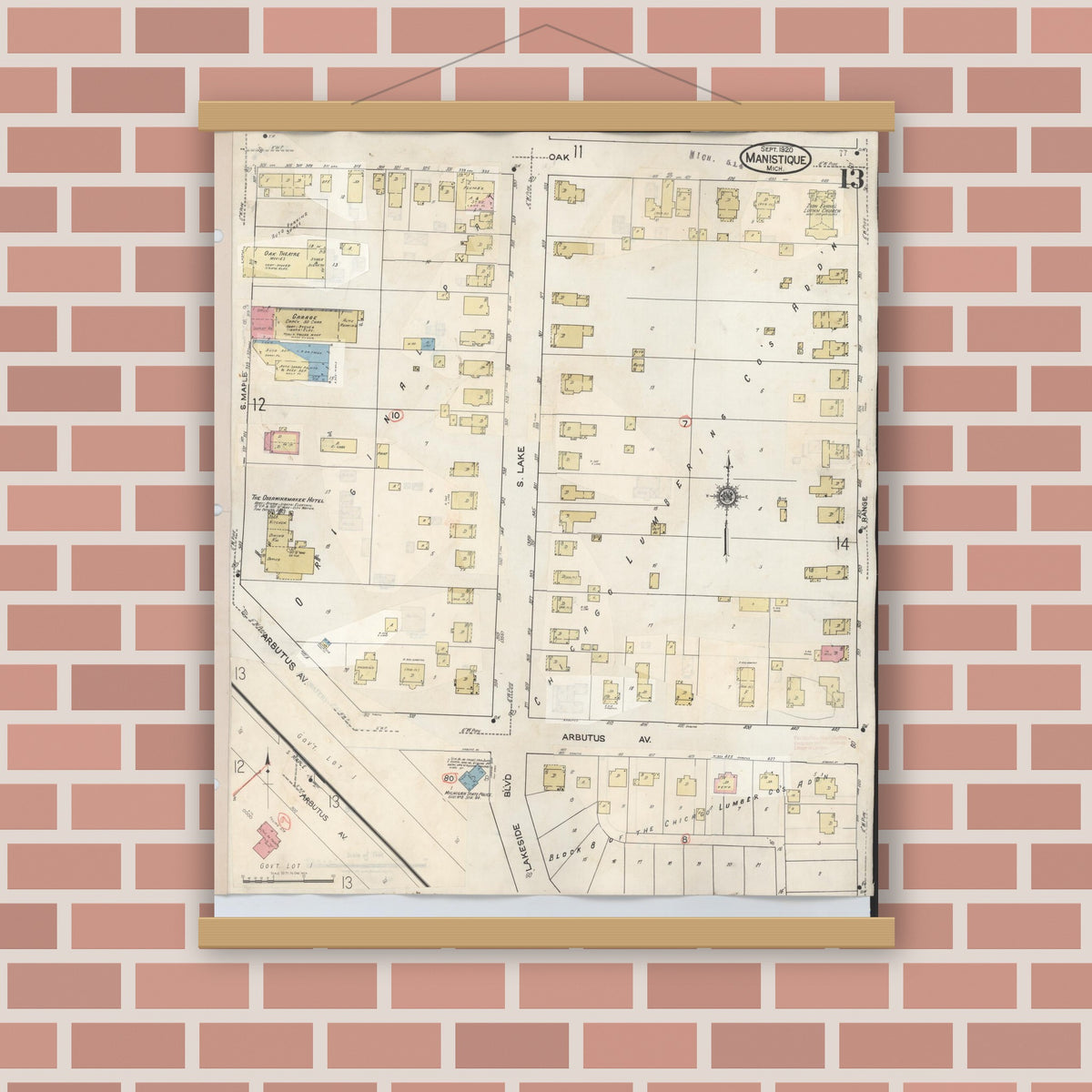 Old map wall art mockup — magnetic wood frame on brick wall — Sanborn Fire Insurance Map from Manistique, Schoolcraft County, Michigan (1950), Sheet #0013