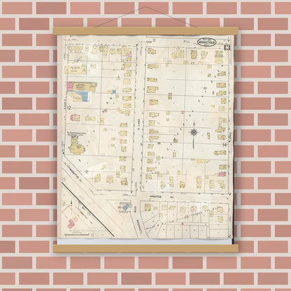 Old map wall art mockup — magnetic wood frame on brick wall — Sanborn Fire Insurance Map from Manistique, Schoolcraft County, Michigan (1950), Sheet #0013