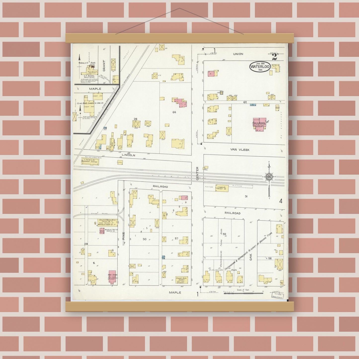 Old map wall art mockup — magnetic wood frame on brick wall — Sanborn Fire Insurance Map from Waterloo, De Kalb County, Indiana (1914), Sheet #0002