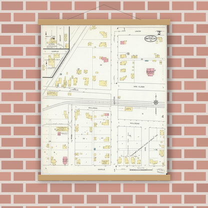 Old map wall art mockup — magnetic wood frame on brick wall — Sanborn Fire Insurance Map from Waterloo, De Kalb County, Indiana (1914), Sheet #0002