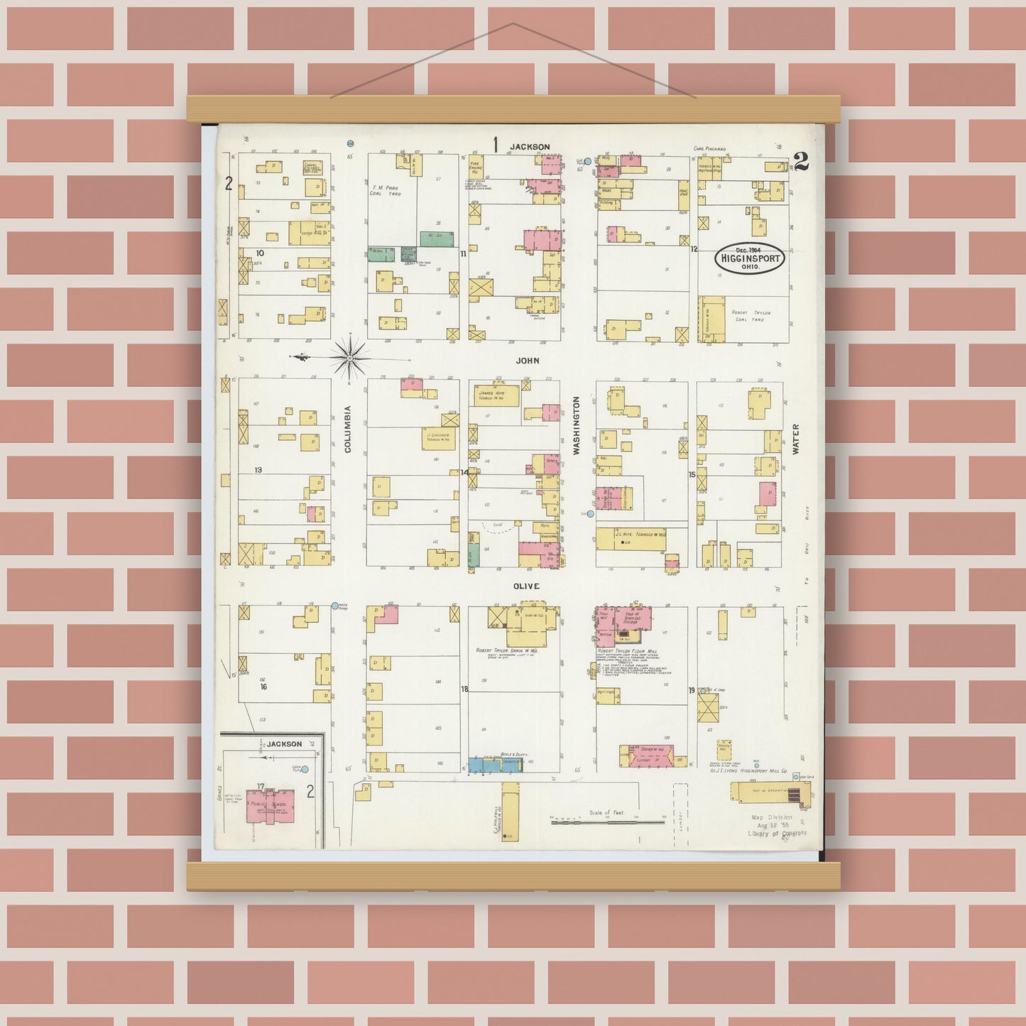 Old map wall art mockup — magnetic wood frame on brick wall — Sanborn Fire Insurance Map from Higginsport, Brown County, Ohio (1904), Sheet #0002