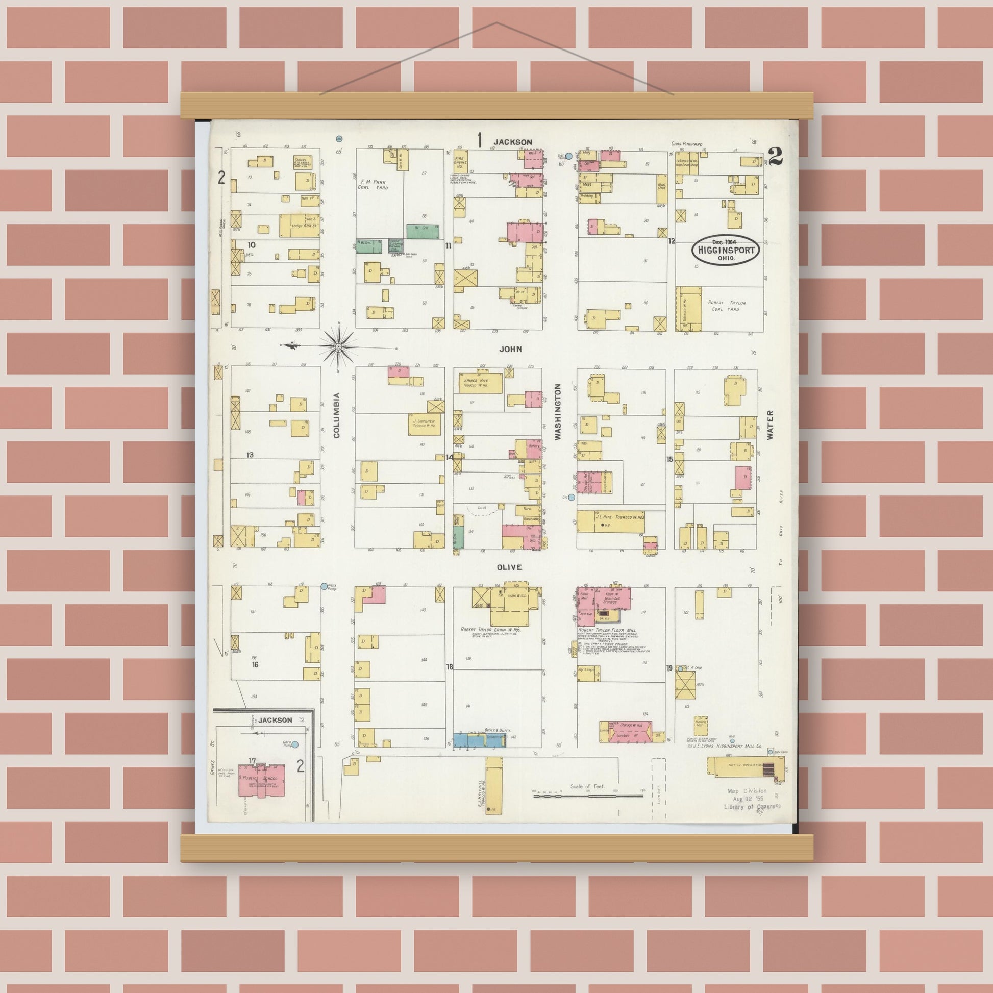 Old map wall art mockup — magnetic wood frame on brick wall — Sanborn Fire Insurance Map from Higginsport, Brown County, Ohio (1904), Sheet #0002