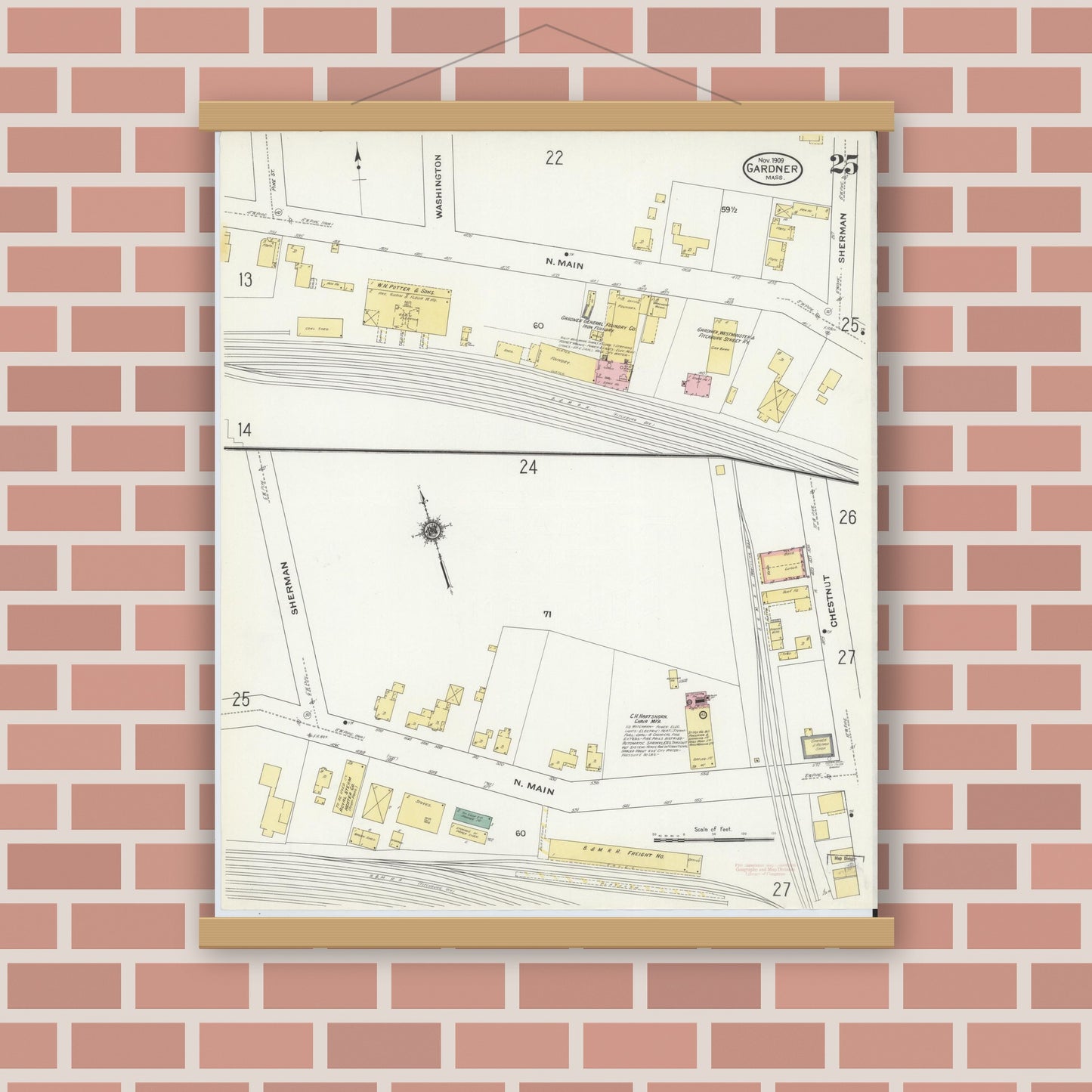 Old map wall art mockup — magnetic wood frame on brick wall — Sanborn Fire Insurance Map from Gardner, Worcester County, Massachusetts (1909), Sheet #0025