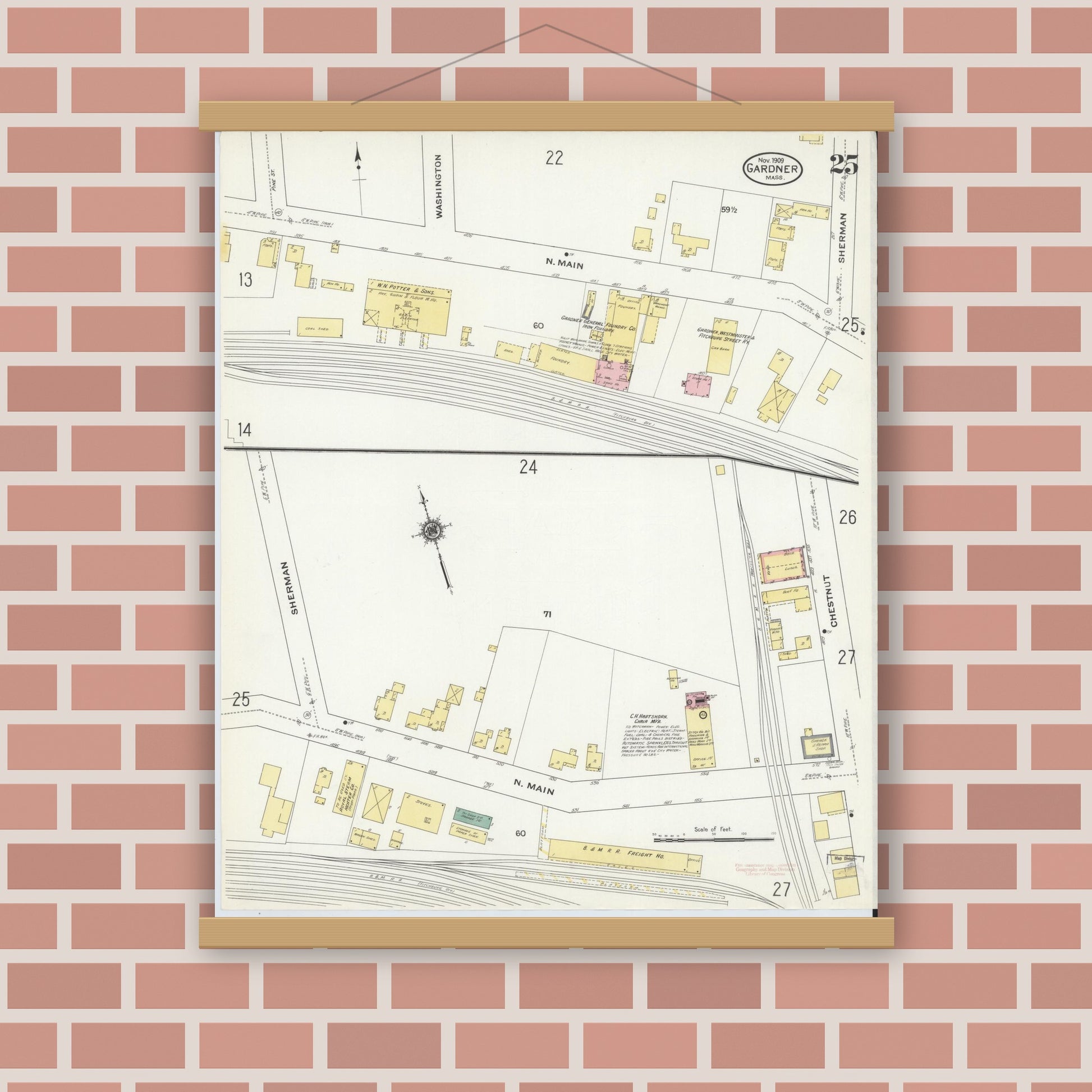 Old map wall art mockup — magnetic wood frame on brick wall — Sanborn Fire Insurance Map from Gardner, Worcester County, Massachusetts (1909), Sheet #0025