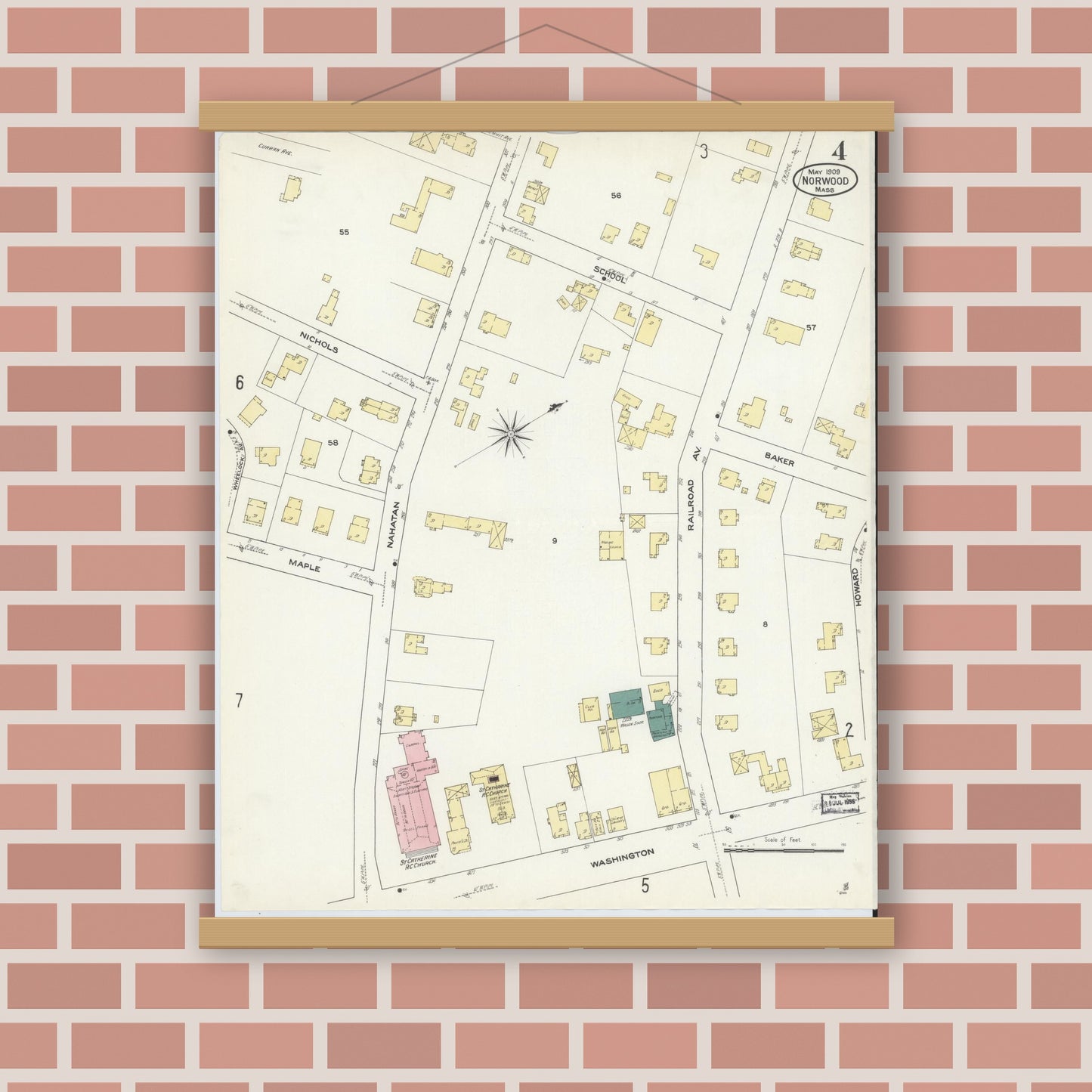Old map wall art mockup — magnetic wood frame on brick wall — Sanborn Fire Insurance Map from Norwood, Norfolk County, Massachusetts (1909), Sheet #0004