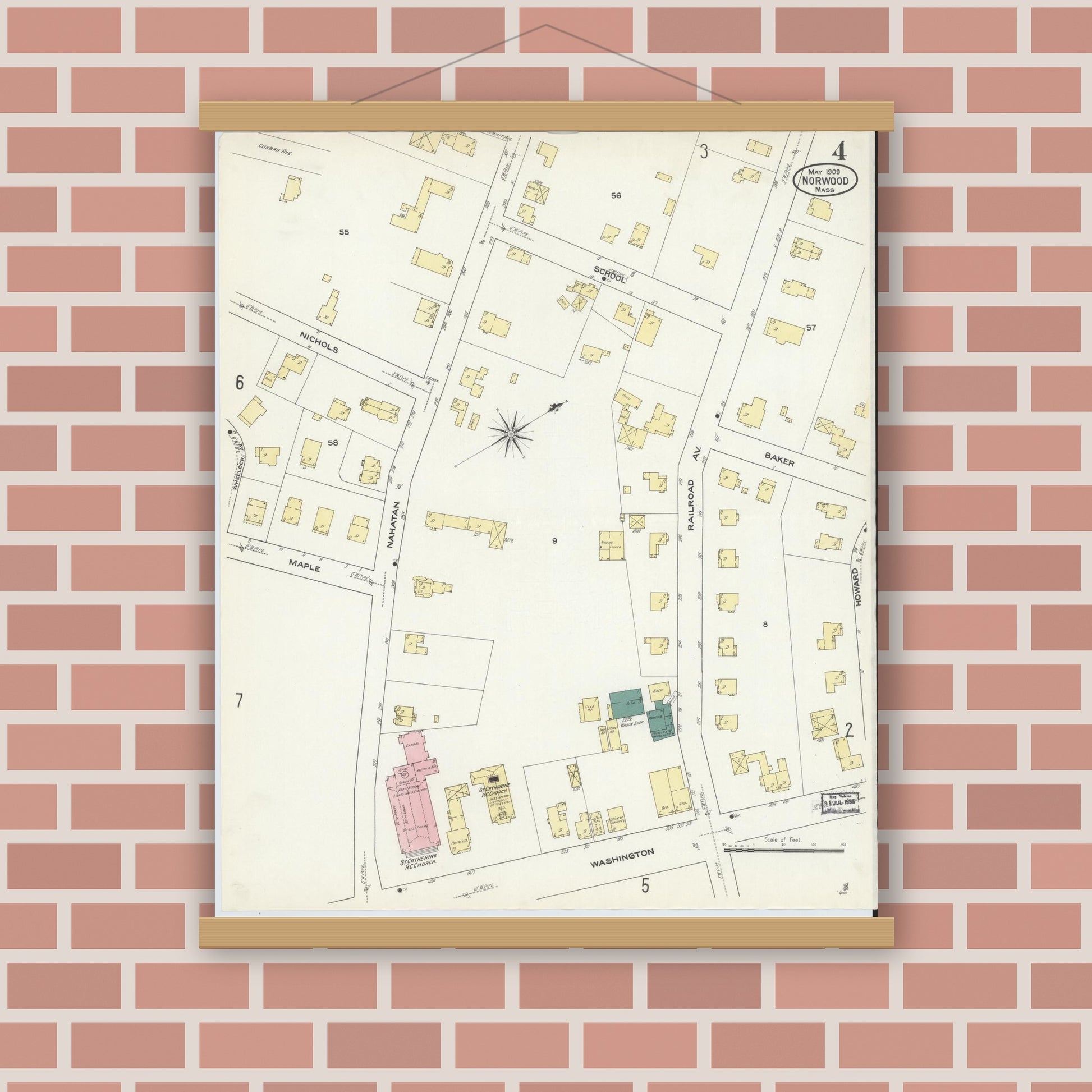 Old map wall art mockup — magnetic wood frame on brick wall — Sanborn Fire Insurance Map from Norwood, Norfolk County, Massachusetts (1909), Sheet #0004