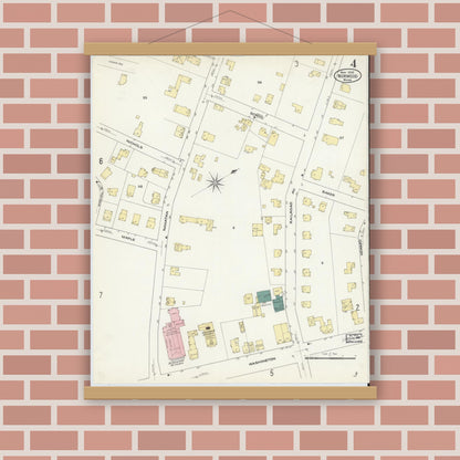 Old map wall art mockup — magnetic wood frame on brick wall — Sanborn Fire Insurance Map from Norwood, Norfolk County, Massachusetts (1909), Sheet #0004