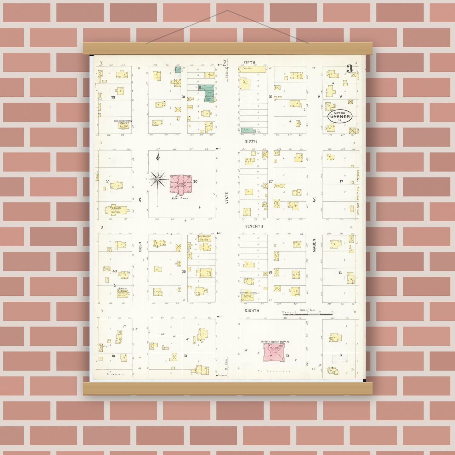 Old map wall art mockup — magnetic wood frame on brick wall — Sanborn Fire Insurance Map from Garner, Hancock County, Iowa (1907), Sheet #0003