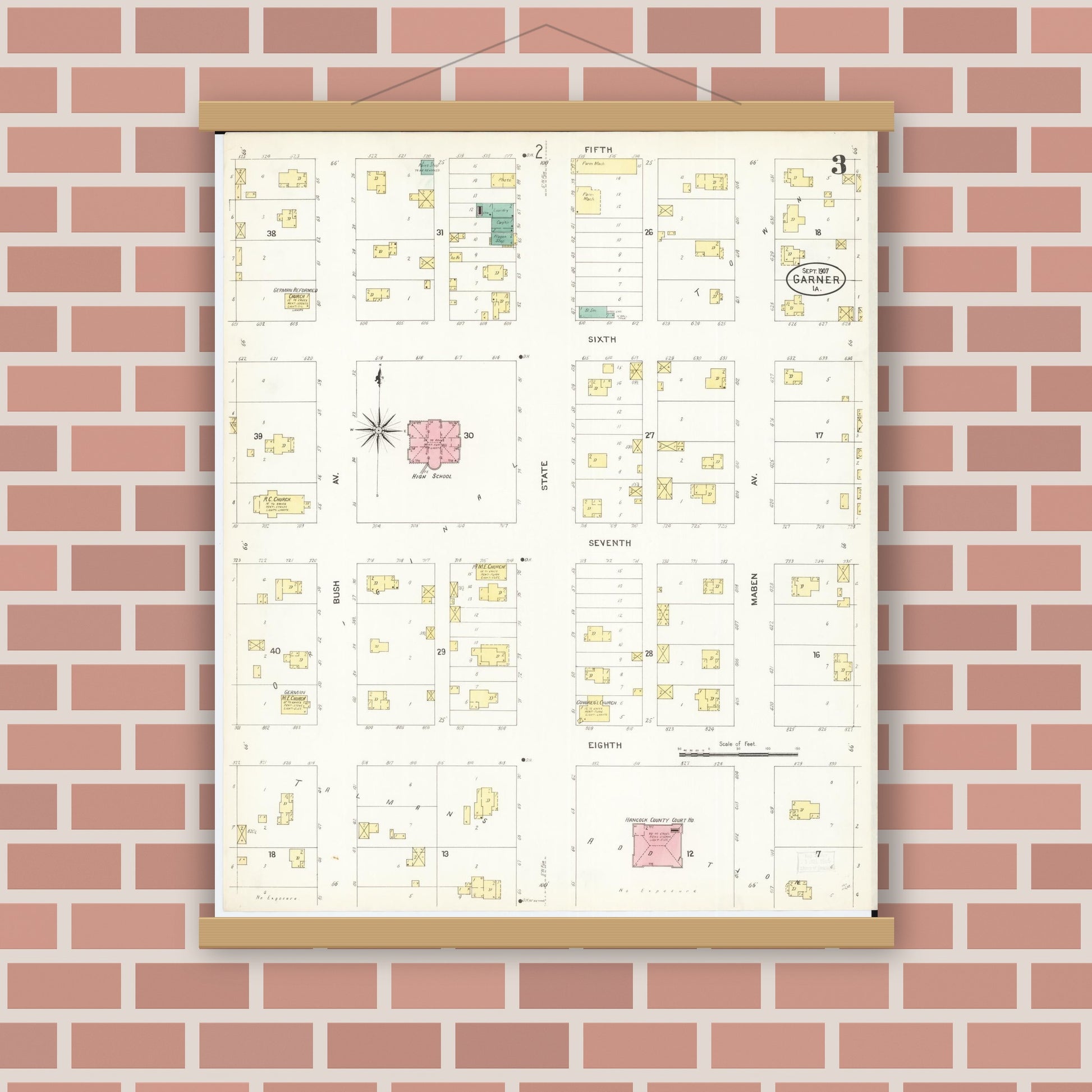 Old map wall art mockup — magnetic wood frame on brick wall — Sanborn Fire Insurance Map from Garner, Hancock County, Iowa (1907), Sheet #0003