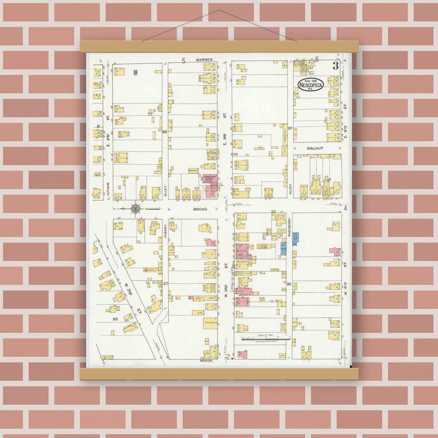 Old map wall art mockup — magnetic wood frame on brick wall — Sanborn Fire Insurance Map from Nescopeck, Luzerne County, Pennsylvania (1919), Sheet #0003